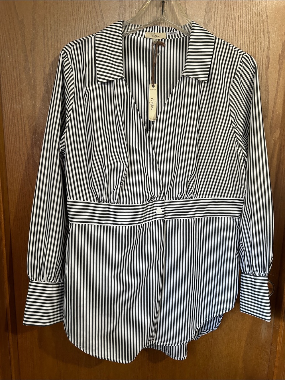 Striped Black and White Wrap Blouse - CeCe